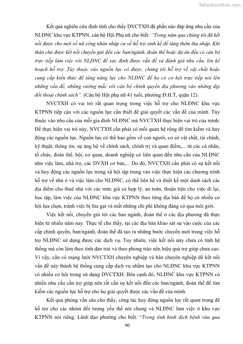 Luận án tiến sĩ công tác xã hội Dịch vụ công tác xã hội đối với người lao động nhập cư khu vực kinh tế phi nhà nước từ thực tiễn Thành phố Hồ Chí Minh - 9 Trang 100
