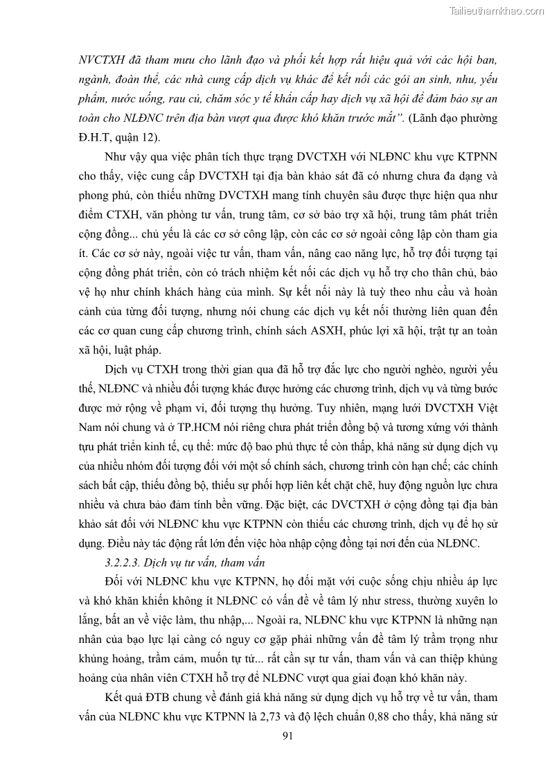 Luận án tiến sĩ công tác xã hội Dịch vụ công tác xã hội đối với người lao động nhập cư khu vực kinh tế phi nhà nước từ thực tiễn Thành phố Hồ Chí Minh - 9 Trang 101