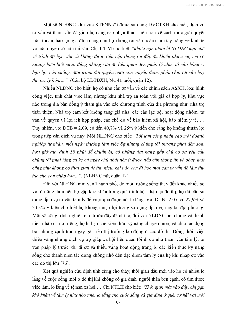 Luận án tiến sĩ công tác xã hội Dịch vụ công tác xã hội đối với người lao động nhập cư khu vực kinh tế phi nhà nước từ thực tiễn Thành phố Hồ Chí Minh - 9 Trang 103