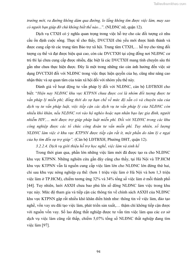 Luận án tiến sĩ công tác xã hội Dịch vụ công tác xã hội đối với người lao động nhập cư khu vực kinh tế phi nhà nước từ thực tiễn Thành phố Hồ Chí Minh - 9 Trang 104