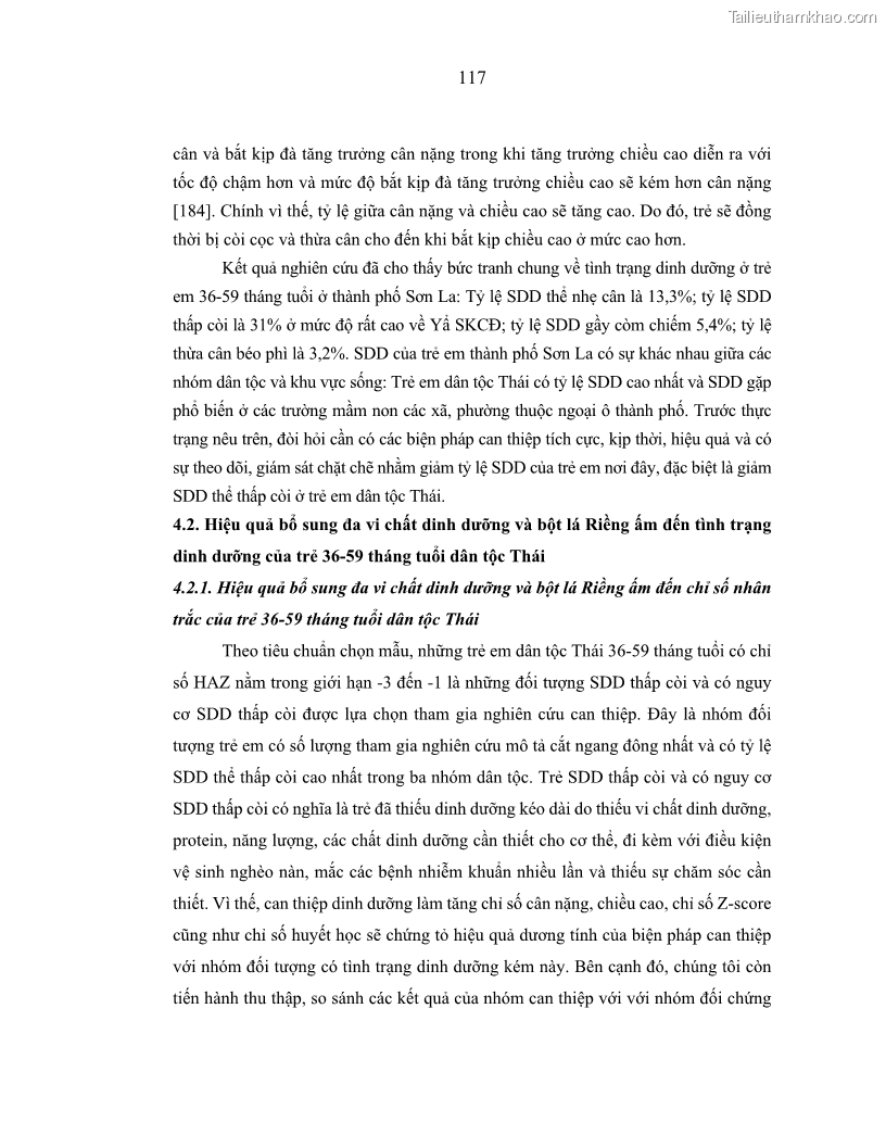 Luận án tiến sĩ dinh dưỡng Hiệu quả bổ sung đa vi chất dinh dưỡng và bột lá Riềng ấm lên tình trạng dinh dưỡng và miễn dịch của trẻ em 36-59 tháng tuổi dân tộc Thái tại thành phố Sơn La, tỉnh Sơn La - 11 Trang 128