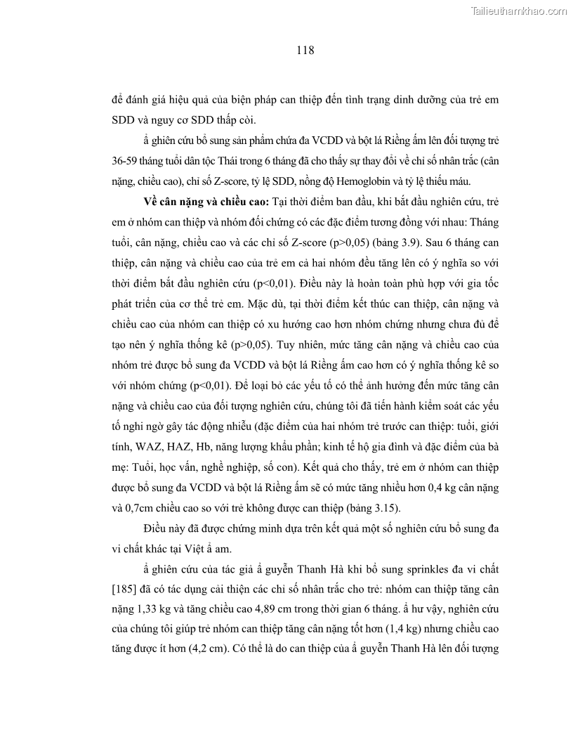 Luận án tiến sĩ dinh dưỡng Hiệu quả bổ sung đa vi chất dinh dưỡng và bột lá Riềng ấm lên tình trạng dinh dưỡng và miễn dịch của trẻ em 36-59 tháng tuổi dân tộc Thái tại thành phố Sơn La, tỉnh Sơn La - 11 Trang 129