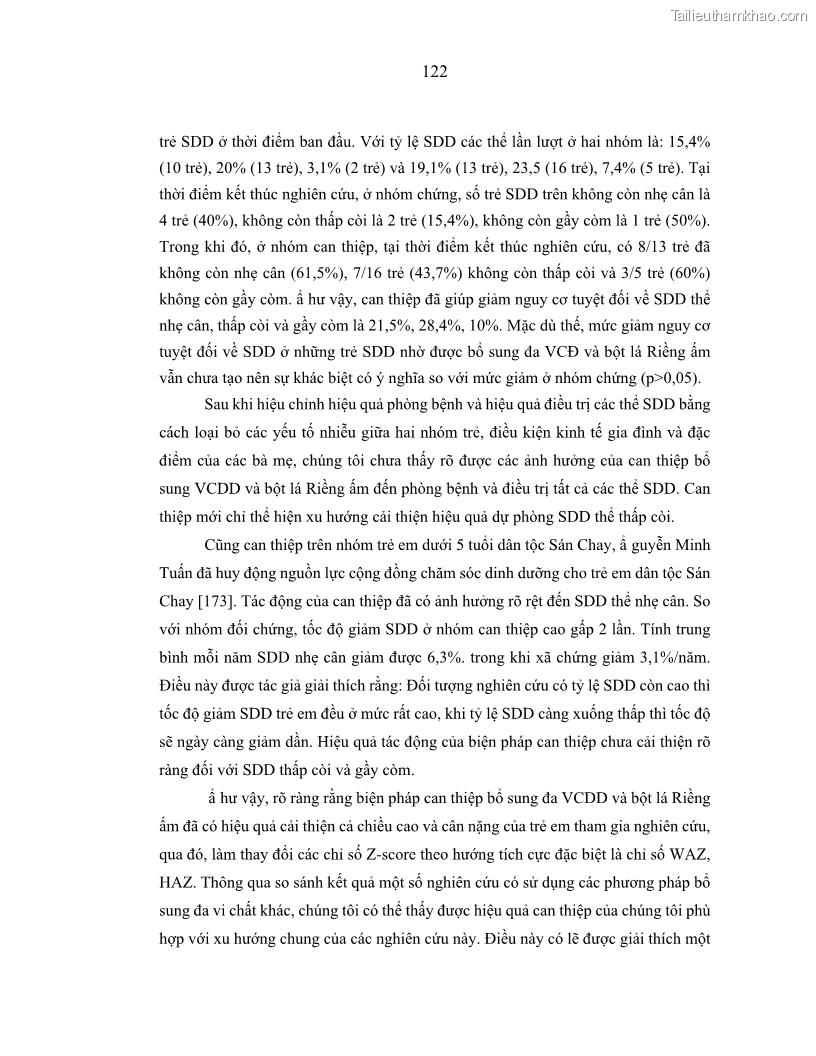 Luận án tiến sĩ dinh dưỡng Hiệu quả bổ sung đa vi chất dinh dưỡng và bột lá Riềng ấm lên tình trạng dinh dưỡng và miễn dịch của trẻ em 36-59 tháng tuổi dân tộc Thái tại thành phố Sơn La, tỉnh Sơn La - 12 Trang 133