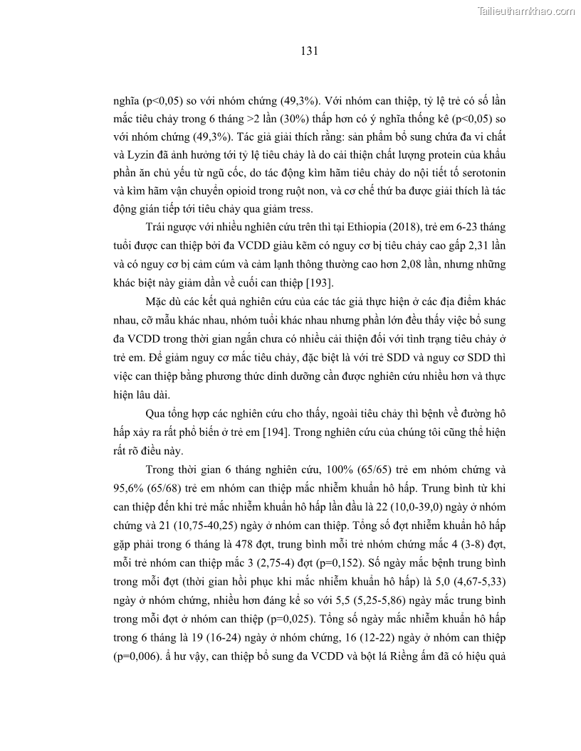 Luận án tiến sĩ dinh dưỡng Hiệu quả bổ sung đa vi chất dinh dưỡng và bột lá Riềng ấm lên tình trạng dinh dưỡng và miễn dịch của trẻ em 36-59 tháng tuổi dân tộc Thái tại thành phố Sơn La, tỉnh Sơn La - 12 Trang 142