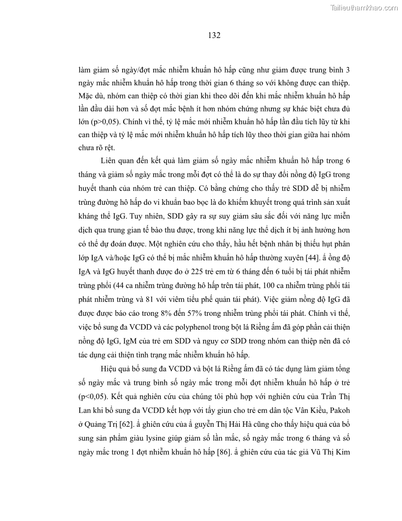 Luận án tiến sĩ dinh dưỡng Hiệu quả bổ sung đa vi chất dinh dưỡng và bột lá Riềng ấm lên tình trạng dinh dưỡng và miễn dịch của trẻ em 36-59 tháng tuổi dân tộc Thái tại thành phố Sơn La, tỉnh Sơn La - 12 Trang 143