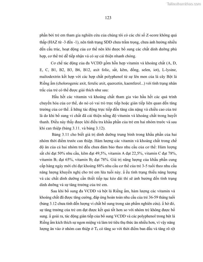 Luận án tiến sĩ dinh dưỡng Hiệu quả bổ sung đa vi chất dinh dưỡng và bột lá Riềng ấm lên tình trạng dinh dưỡng và miễn dịch của trẻ em 36-59 tháng tuổi dân tộc Thái tại thành phố Sơn La, tỉnh Sơn La - 12 Trang 134