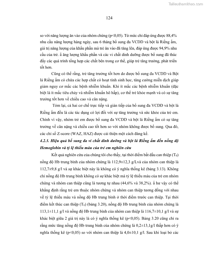 Luận án tiến sĩ dinh dưỡng Hiệu quả bổ sung đa vi chất dinh dưỡng và bột lá Riềng ấm lên tình trạng dinh dưỡng và miễn dịch của trẻ em 36-59 tháng tuổi dân tộc Thái tại thành phố Sơn La, tỉnh Sơn La - 12 Trang 135