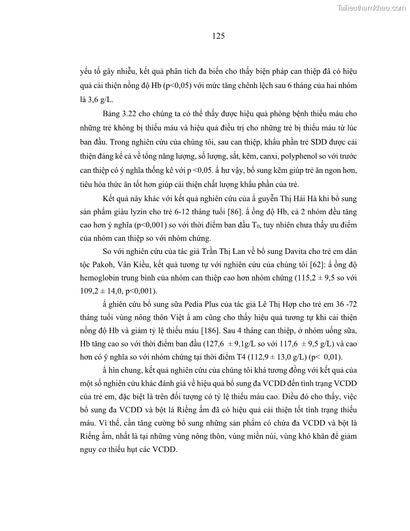 Luận án tiến sĩ dinh dưỡng Hiệu quả bổ sung đa vi chất dinh dưỡng và bột lá Riềng ấm lên tình trạng dinh dưỡng và miễn dịch của trẻ em 36-59 tháng tuổi dân tộc Thái tại thành phố Sơn La, tỉnh Sơn La - 12 Trang 136