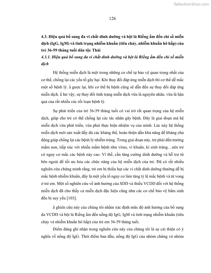 Luận án tiến sĩ dinh dưỡng Hiệu quả bổ sung đa vi chất dinh dưỡng và bột lá Riềng ấm lên tình trạng dinh dưỡng và miễn dịch của trẻ em 36-59 tháng tuổi dân tộc Thái tại thành phố Sơn La, tỉnh Sơn La - 12 Trang 137