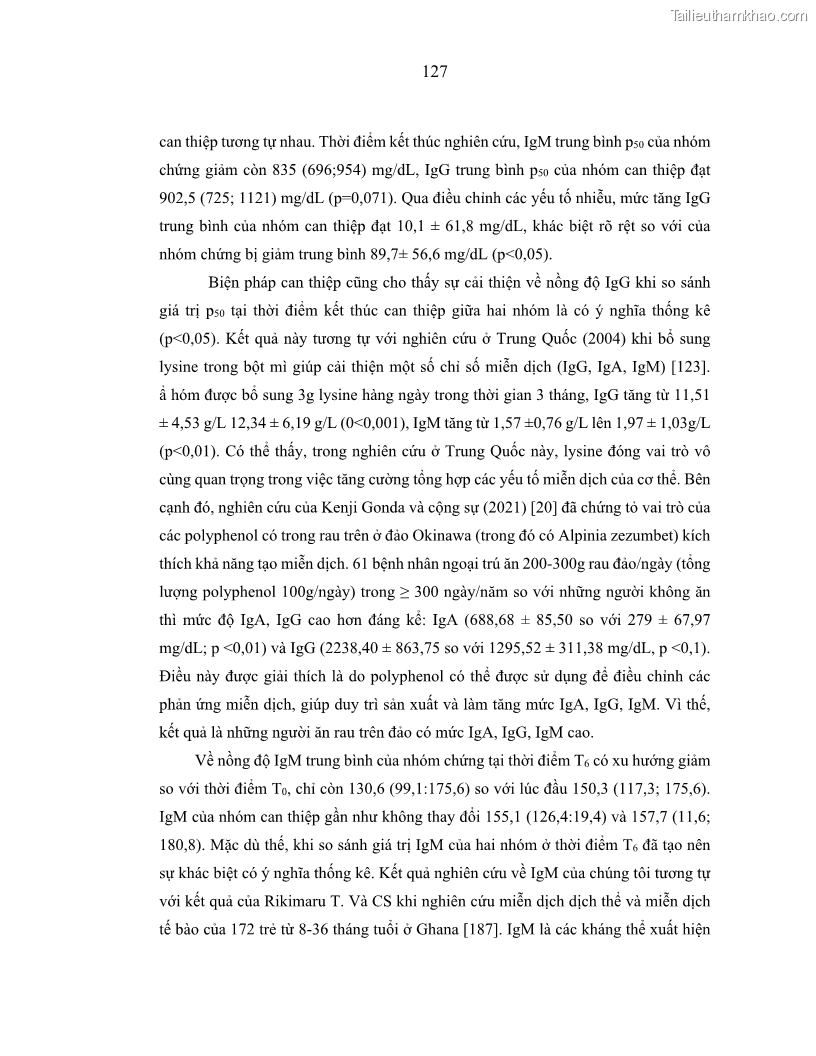Luận án tiến sĩ dinh dưỡng Hiệu quả bổ sung đa vi chất dinh dưỡng và bột lá Riềng ấm lên tình trạng dinh dưỡng và miễn dịch của trẻ em 36-59 tháng tuổi dân tộc Thái tại thành phố Sơn La, tỉnh Sơn La - 12 Trang 138