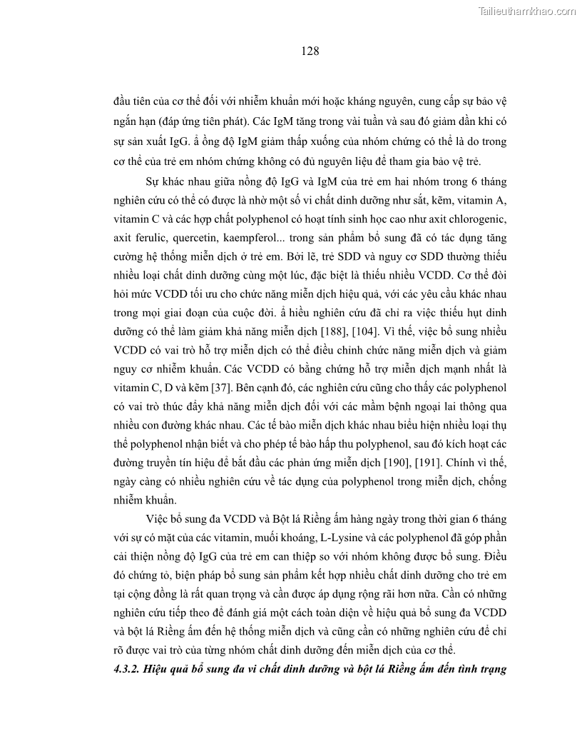 Luận án tiến sĩ dinh dưỡng Hiệu quả bổ sung đa vi chất dinh dưỡng và bột lá Riềng ấm lên tình trạng dinh dưỡng và miễn dịch của trẻ em 36-59 tháng tuổi dân tộc Thái tại thành phố Sơn La, tỉnh Sơn La - 12 Trang 139