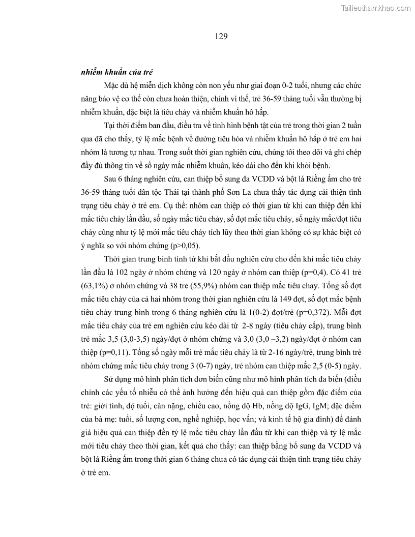 Luận án tiến sĩ dinh dưỡng Hiệu quả bổ sung đa vi chất dinh dưỡng và bột lá Riềng ấm lên tình trạng dinh dưỡng và miễn dịch của trẻ em 36-59 tháng tuổi dân tộc Thái tại thành phố Sơn La, tỉnh Sơn La - 12 Trang 140