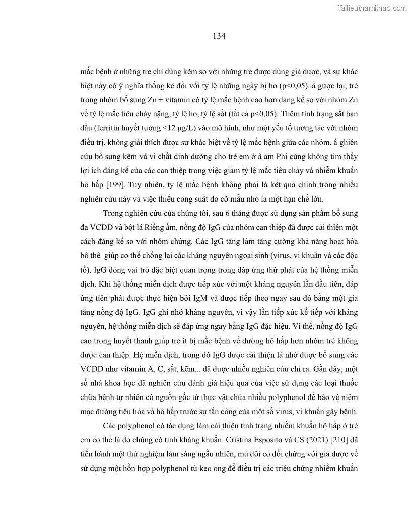 Luận án tiến sĩ dinh dưỡng Hiệu quả bổ sung đa vi chất dinh dưỡng và bột lá Riềng ấm lên tình trạng dinh dưỡng và miễn dịch của trẻ em 36-59 tháng tuổi dân tộc Thái tại thành phố Sơn La, tỉnh Sơn La - 13 Trang 145