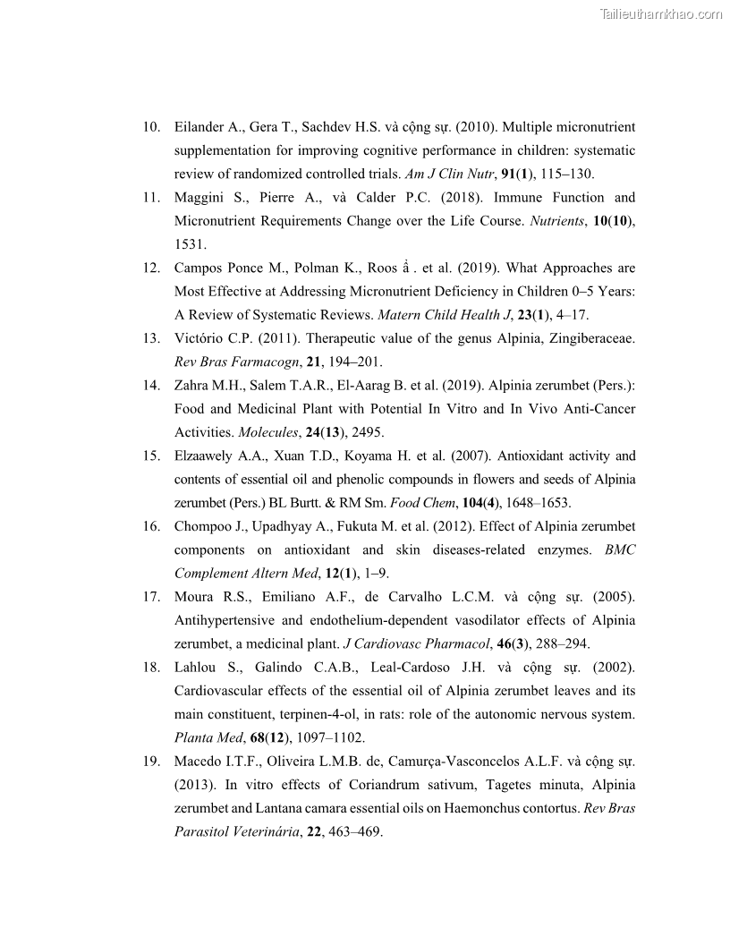 Luận án tiến sĩ dinh dưỡng Hiệu quả bổ sung đa vi chất dinh dưỡng và bột lá Riềng ấm lên tình trạng dinh dưỡng và miễn dịch của trẻ em 36-59 tháng tuổi dân tộc Thái tại thành phố Sơn La, tỉnh Sơn La - 13 Trang 154