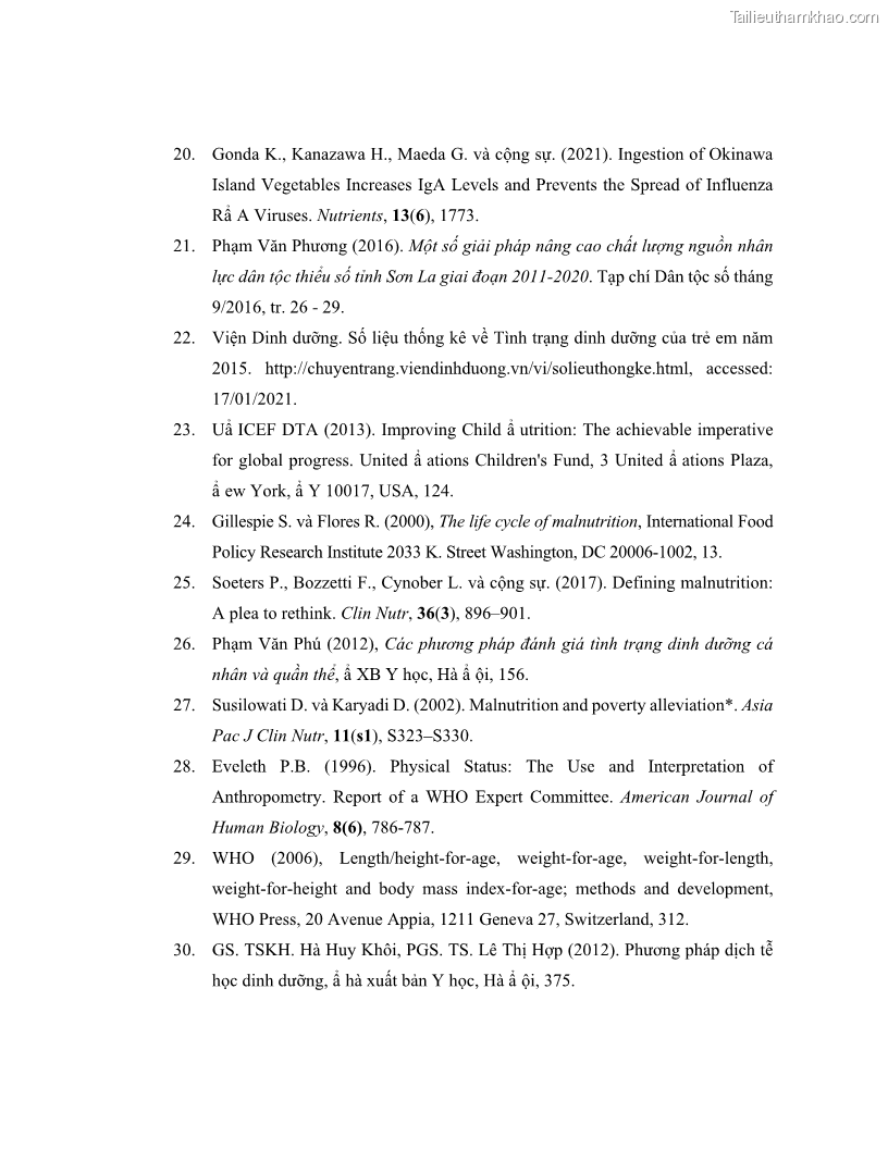 Luận án tiến sĩ dinh dưỡng Hiệu quả bổ sung đa vi chất dinh dưỡng và bột lá Riềng ấm lên tình trạng dinh dưỡng và miễn dịch của trẻ em 36-59 tháng tuổi dân tộc Thái tại thành phố Sơn La, tỉnh Sơn La - 13 Trang 155