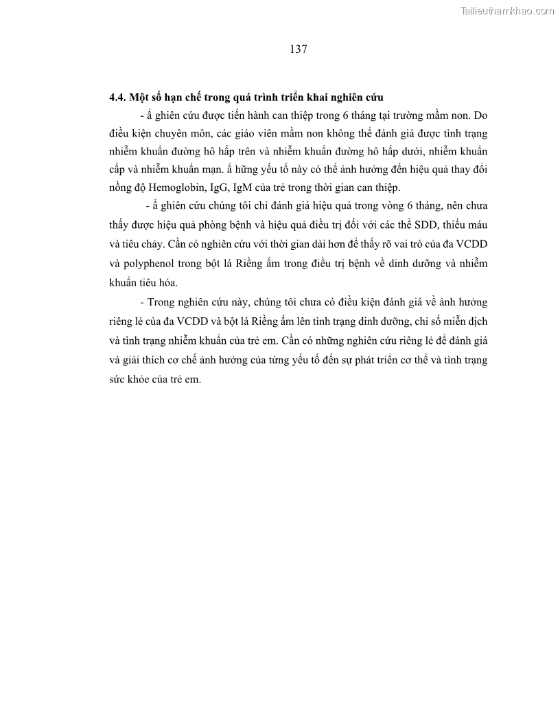 Luận án tiến sĩ dinh dưỡng Hiệu quả bổ sung đa vi chất dinh dưỡng và bột lá Riềng ấm lên tình trạng dinh dưỡng và miễn dịch của trẻ em 36-59 tháng tuổi dân tộc Thái tại thành phố Sơn La, tỉnh Sơn La - 13 Trang 148