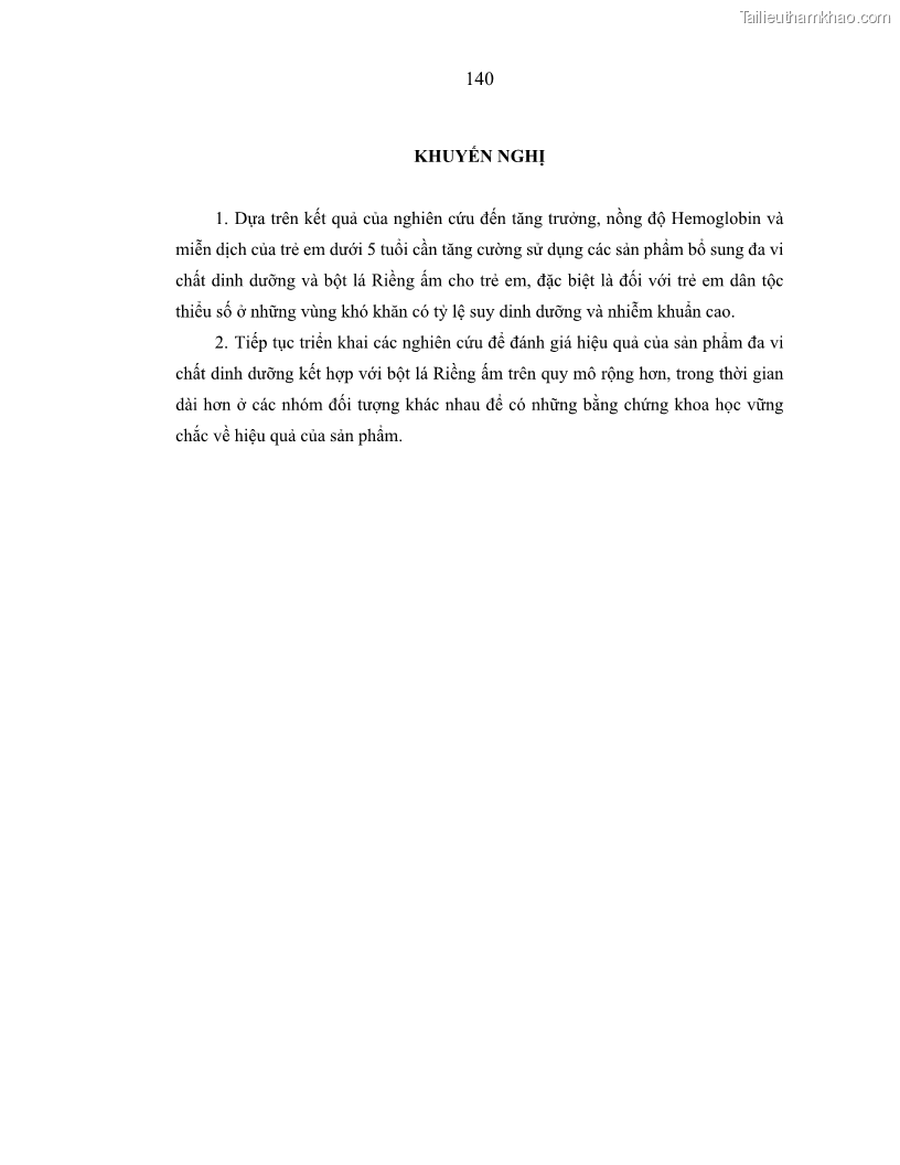 Luận án tiến sĩ dinh dưỡng Hiệu quả bổ sung đa vi chất dinh dưỡng và bột lá Riềng ấm lên tình trạng dinh dưỡng và miễn dịch của trẻ em 36-59 tháng tuổi dân tộc Thái tại thành phố Sơn La, tỉnh Sơn La - 13 Trang 151