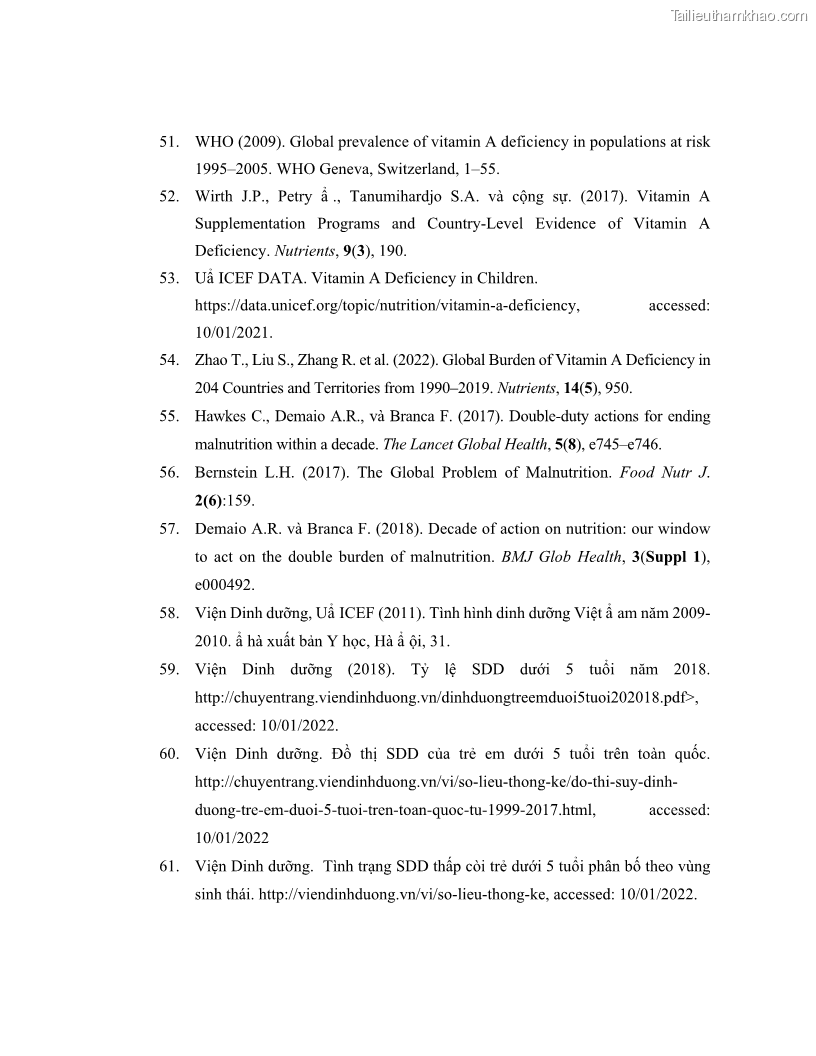 Luận án tiến sĩ dinh dưỡng Hiệu quả bổ sung đa vi chất dinh dưỡng và bột lá Riềng ấm lên tình trạng dinh dưỡng và miễn dịch của trẻ em 36-59 tháng tuổi dân tộc Thái tại thành phố Sơn La, tỉnh Sơn La - 14 Trang 158