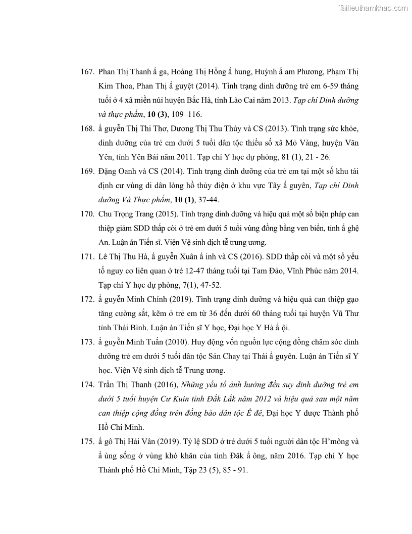 Luận án tiến sĩ dinh dưỡng Hiệu quả bổ sung đa vi chất dinh dưỡng và bột lá Riềng ấm lên tình trạng dinh dưỡng và miễn dịch của trẻ em 36-59 tháng tuổi dân tộc Thái tại thành phố Sơn La, tỉnh Sơn La - 15 Trang 169