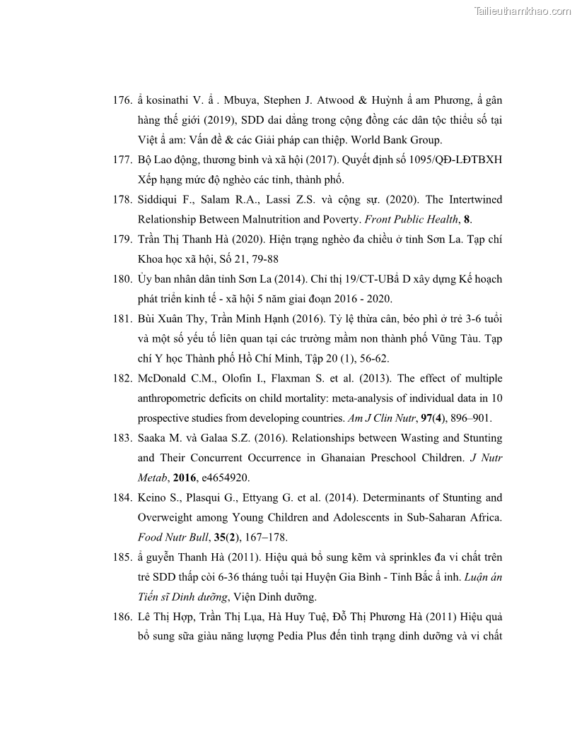 Luận án tiến sĩ dinh dưỡng Hiệu quả bổ sung đa vi chất dinh dưỡng và bột lá Riềng ấm lên tình trạng dinh dưỡng và miễn dịch của trẻ em 36-59 tháng tuổi dân tộc Thái tại thành phố Sơn La, tỉnh Sơn La - 15 Trang 170