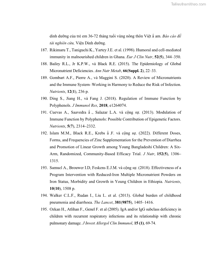 Luận án tiến sĩ dinh dưỡng Hiệu quả bổ sung đa vi chất dinh dưỡng và bột lá Riềng ấm lên tình trạng dinh dưỡng và miễn dịch của trẻ em 36-59 tháng tuổi dân tộc Thái tại thành phố Sơn La, tỉnh Sơn La - 15 Trang 171