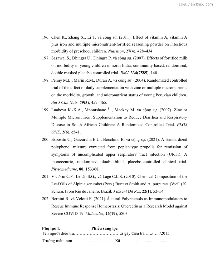 Luận án tiến sĩ dinh dưỡng Hiệu quả bổ sung đa vi chất dinh dưỡng và bột lá Riềng ấm lên tình trạng dinh dưỡng và miễn dịch của trẻ em 36-59 tháng tuổi dân tộc Thái tại thành phố Sơn La, tỉnh Sơn La - 15 Trang 172