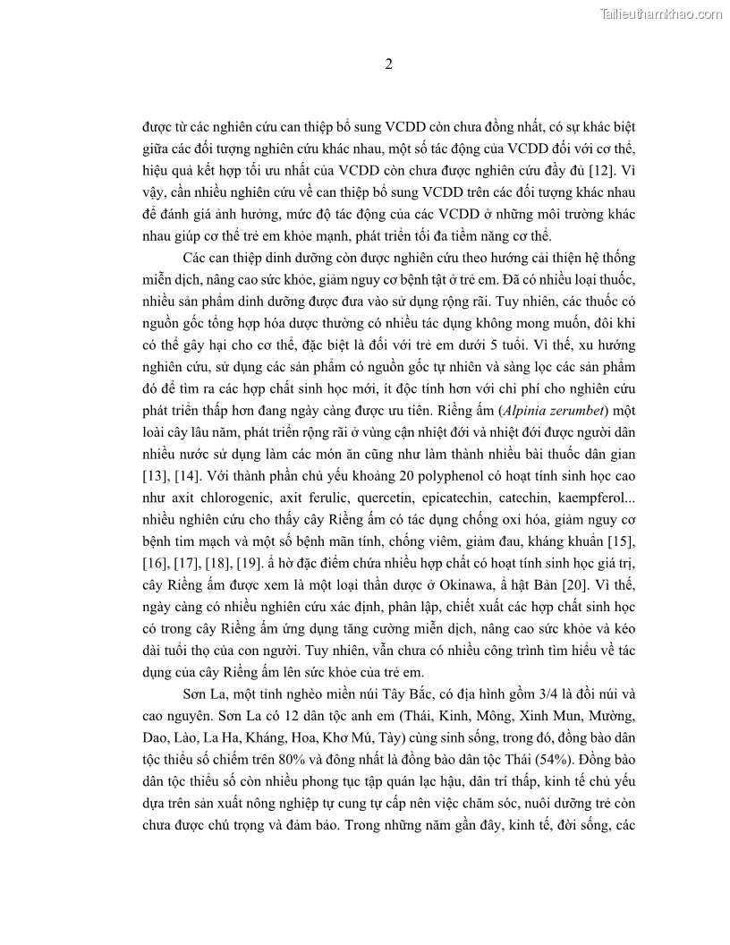 Luận án tiến sĩ dinh dưỡng Hiệu quả bổ sung đa vi chất dinh dưỡng và bột lá Riềng ấm lên tình trạng dinh dưỡng và miễn dịch của trẻ em 36-59 tháng tuổi dân tộc Thái tại thành phố Sơn La, tỉnh Sơn La - 2 Trang 13
