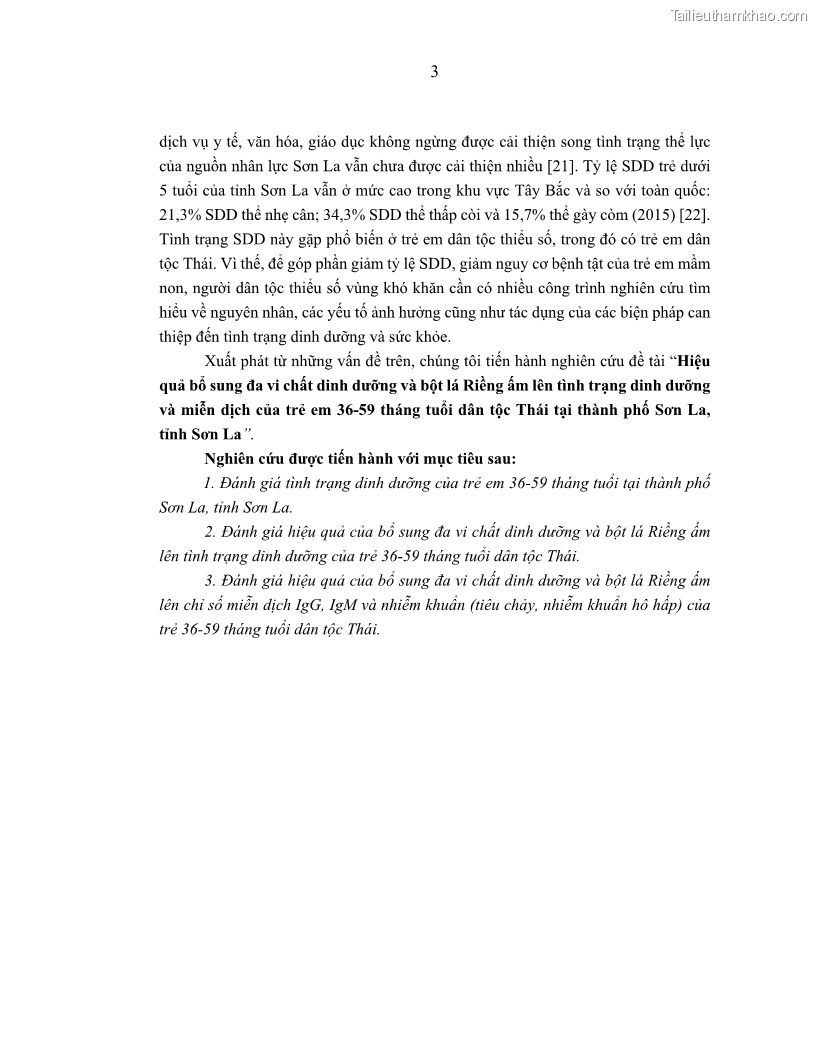 Luận án tiến sĩ dinh dưỡng Hiệu quả bổ sung đa vi chất dinh dưỡng và bột lá Riềng ấm lên tình trạng dinh dưỡng và miễn dịch của trẻ em 36-59 tháng tuổi dân tộc Thái tại thành phố Sơn La, tỉnh Sơn La - 2 Trang 14