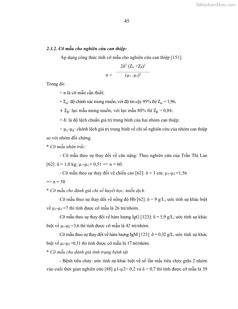 Luận án tiến sĩ dinh dưỡng Hiệu quả bổ sung đa vi chất dinh dưỡng và bột lá Riềng ấm lên tình trạng dinh dưỡng và miễn dịch của trẻ em 36-59 tháng tuổi dân tộc Thái tại thành phố Sơn La, tỉnh Sơn La - 5 Trang 56