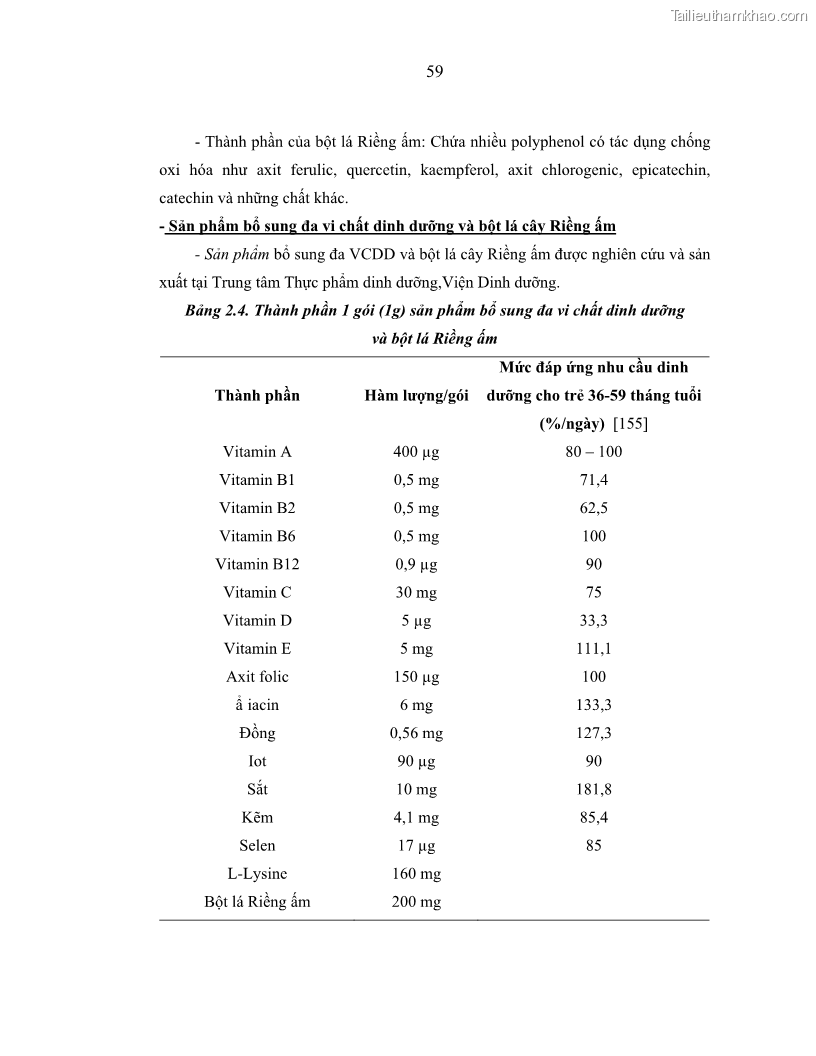 Luận án tiến sĩ dinh dưỡng Hiệu quả bổ sung đa vi chất dinh dưỡng và bột lá Riềng ấm lên tình trạng dinh dưỡng và miễn dịch của trẻ em 36-59 tháng tuổi dân tộc Thái tại thành phố Sơn La, tỉnh Sơn La - 6 Trang 70