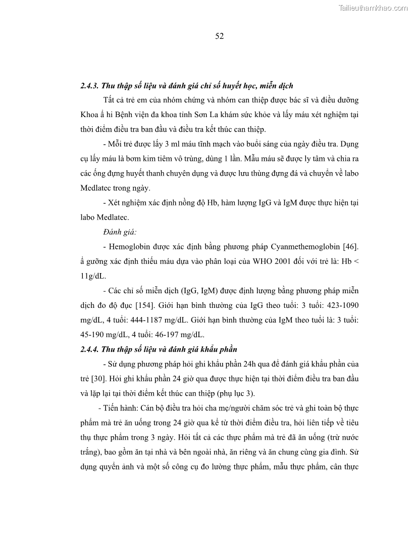 Luận án tiến sĩ dinh dưỡng Hiệu quả bổ sung đa vi chất dinh dưỡng và bột lá Riềng ấm lên tình trạng dinh dưỡng và miễn dịch của trẻ em 36-59 tháng tuổi dân tộc Thái tại thành phố Sơn La, tỉnh Sơn La - 6 Trang 63