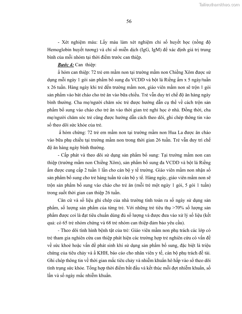 Luận án tiến sĩ dinh dưỡng Hiệu quả bổ sung đa vi chất dinh dưỡng và bột lá Riềng ấm lên tình trạng dinh dưỡng và miễn dịch của trẻ em 36-59 tháng tuổi dân tộc Thái tại thành phố Sơn La, tỉnh Sơn La - 6 Trang 67