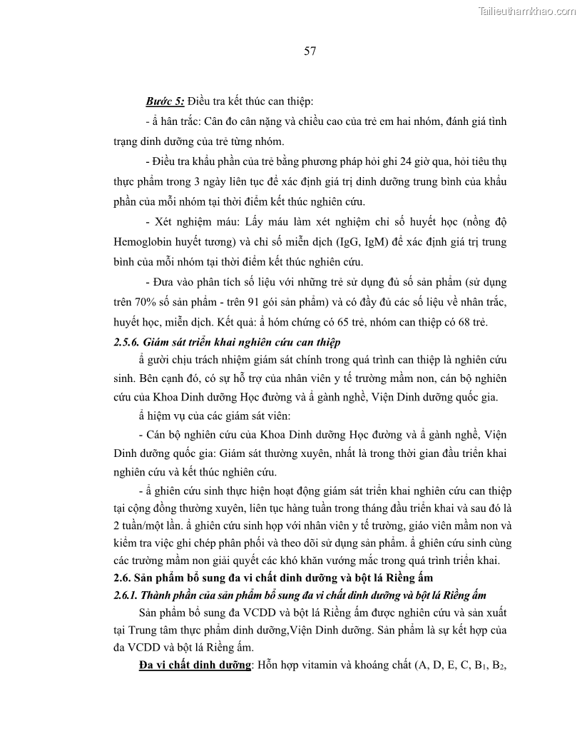 Luận án tiến sĩ dinh dưỡng Hiệu quả bổ sung đa vi chất dinh dưỡng và bột lá Riềng ấm lên tình trạng dinh dưỡng và miễn dịch của trẻ em 36-59 tháng tuổi dân tộc Thái tại thành phố Sơn La, tỉnh Sơn La - 6 Trang 68