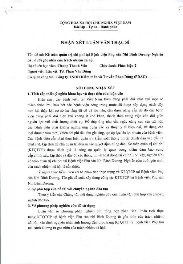 Kế toán quản trị chí phí trong bệnh viện Phụ sản Nhi Bình Dương Nghiên cứu dưới góc nhìn của trách nhiệm xã hội 15 2