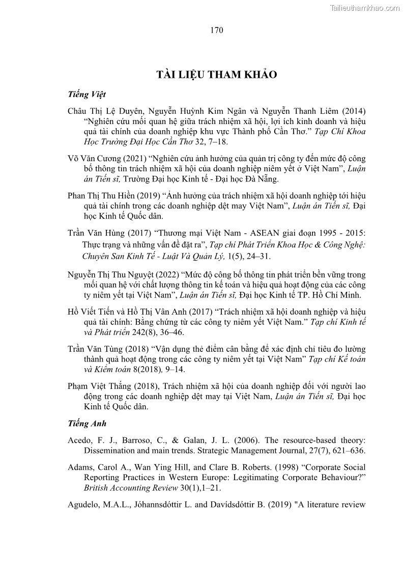 Luận án tiến sĩ kế toán Nghiên cứu về tác động của trách nhiệm xã hội đến thành quả hoạt động của các doanh nghiệp ở Việt Nam - 15 Trang 179