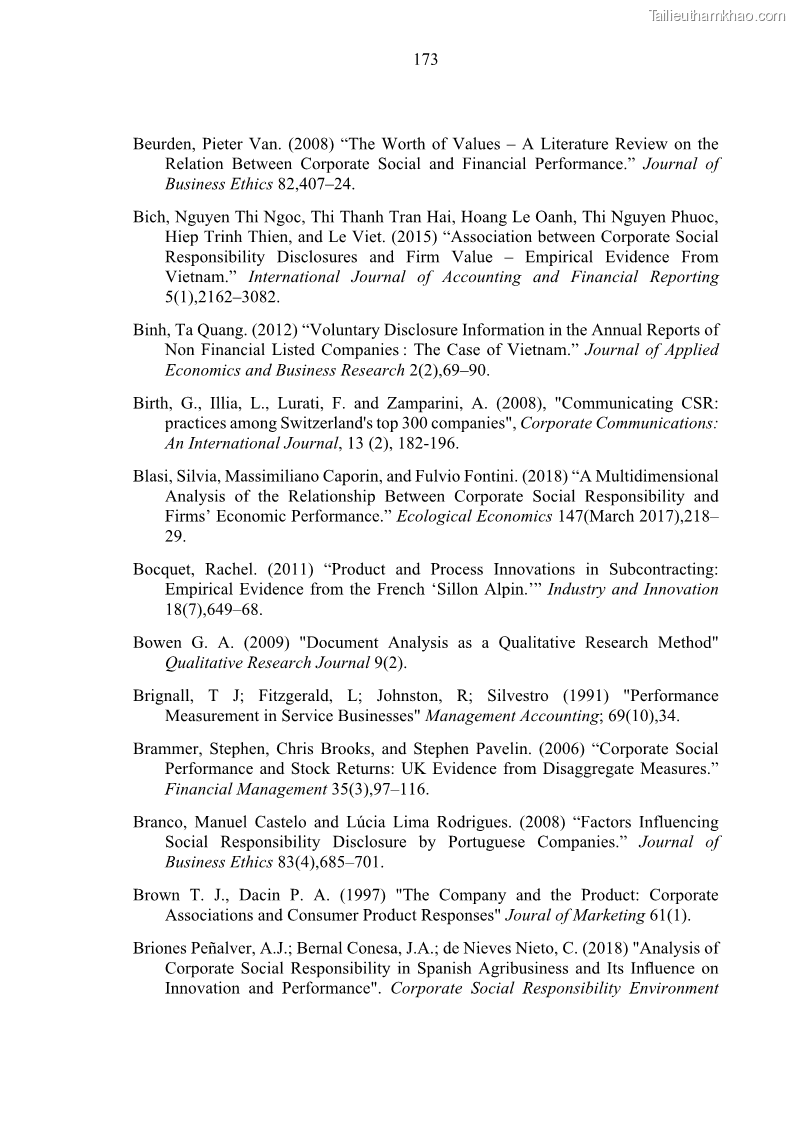 Luận án tiến sĩ kế toán Nghiên cứu về tác động của trách nhiệm xã hội đến thành quả hoạt động của các doanh nghiệp ở Việt Nam - 16 Trang 182