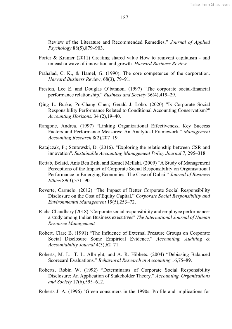 Luận án tiến sĩ kế toán Nghiên cứu về tác động của trách nhiệm xã hội đến thành quả hoạt động của các doanh nghiệp ở Việt Nam - 17 Trang 196