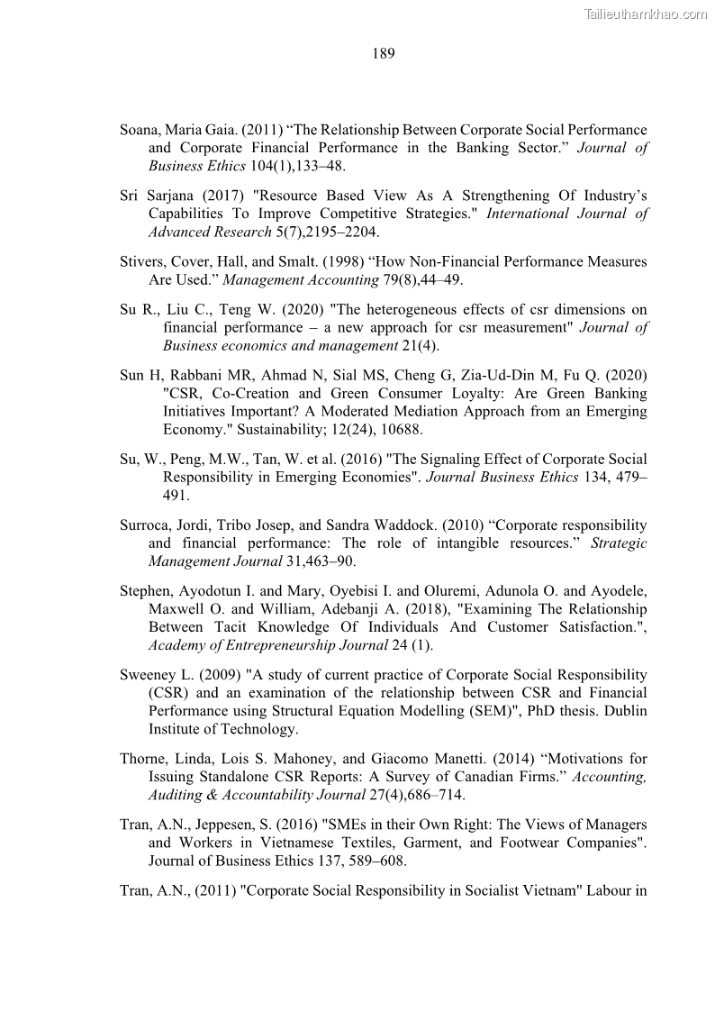 Luận án tiến sĩ kế toán Nghiên cứu về tác động của trách nhiệm xã hội đến thành quả hoạt động của các doanh nghiệp ở Việt Nam - 17 Trang 198
