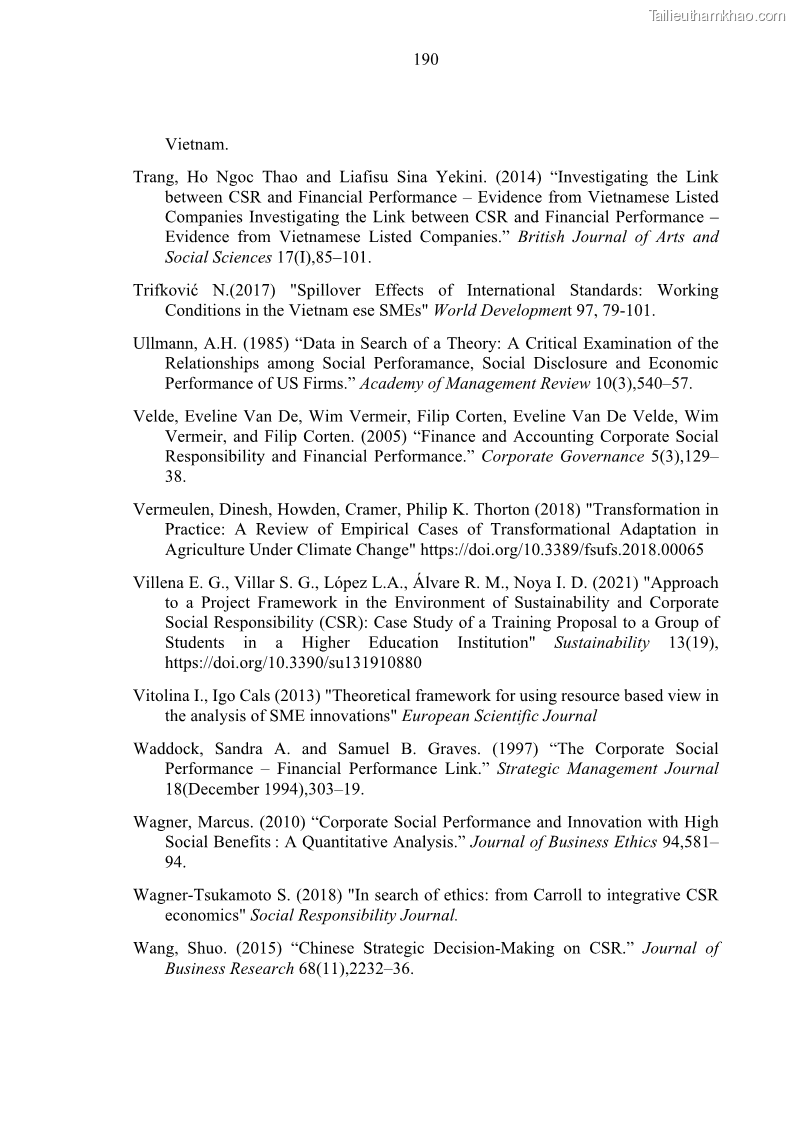 Luận án tiến sĩ kế toán Nghiên cứu về tác động của trách nhiệm xã hội đến thành quả hoạt động của các doanh nghiệp ở Việt Nam - 17 Trang 199