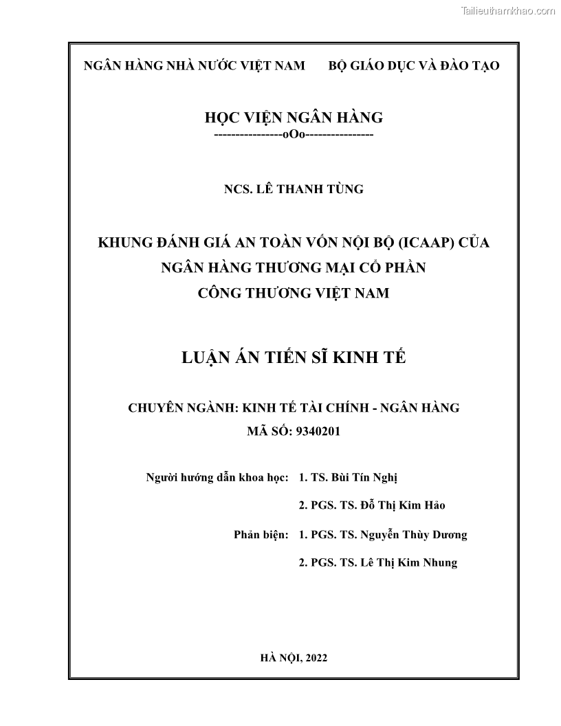 Luận án tiến sĩ kinh tế Khung đánh giá an toàn vốn nội bộ ICAAP của Ngân hàng Thương mại cổ phần Công thương Việt Nam - 1 Trang 2