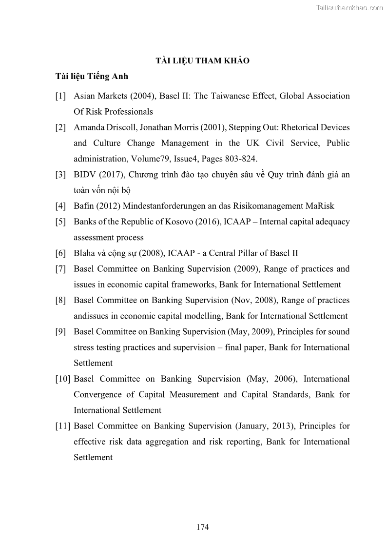 Luận án tiến sĩ kinh tế Khung đánh giá an toàn vốn nội bộ ICAAP của Ngân hàng Thương mại cổ phần Công thương Việt Nam - 16 Trang 185