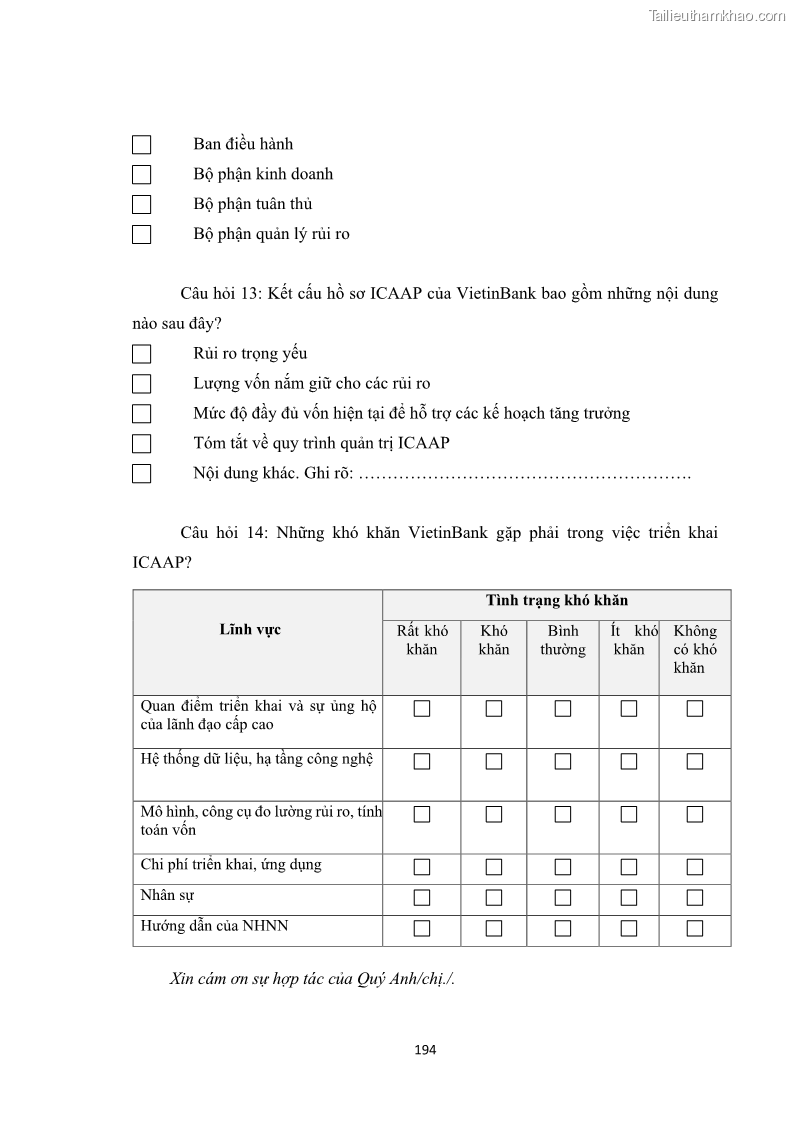 Luận án tiến sĩ kinh tế Khung đánh giá an toàn vốn nội bộ ICAAP của Ngân hàng Thương mại cổ phần Công thương Việt Nam - 17 Trang 199