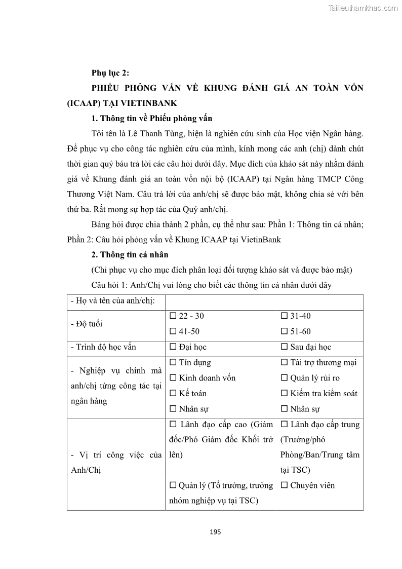 Luận án tiến sĩ kinh tế Khung đánh giá an toàn vốn nội bộ ICAAP của Ngân hàng Thương mại cổ phần Công thương Việt Nam - 17 Trang 200