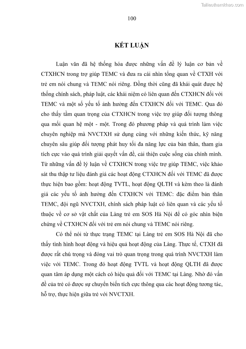 Luận văn thạc sĩ công tác xã hội Công tác xã hội cá nhân trong trợ giúp trẻ em mồ côi tại Làng trẻ em SOS Hà Nội - 10 Trang 110