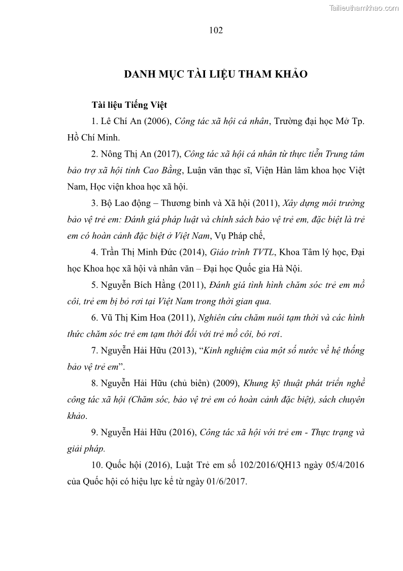 Luận văn thạc sĩ công tác xã hội Công tác xã hội cá nhân trong trợ giúp trẻ em mồ côi tại Làng trẻ em SOS Hà Nội - 10 Trang 112