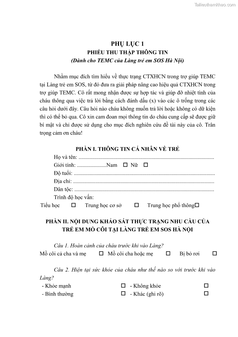 Luận văn thạc sĩ công tác xã hội Công tác xã hội cá nhân trong trợ giúp trẻ em mồ côi tại Làng trẻ em SOS Hà Nội - 10 Trang 115