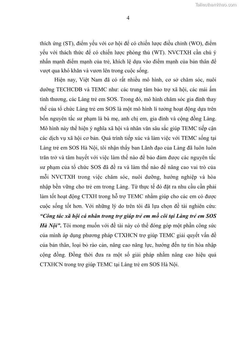 Luận văn thạc sĩ công tác xã hội Công tác xã hội cá nhân trong trợ giúp trẻ em mồ côi tại Làng trẻ em SOS Hà Nội - 2 Trang 14