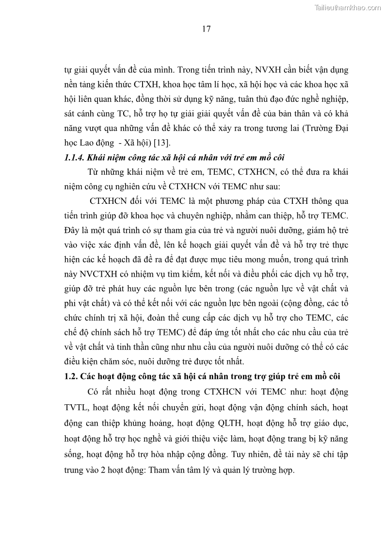 Luận văn thạc sĩ công tác xã hội Công tác xã hội cá nhân trong trợ giúp trẻ em mồ côi tại Làng trẻ em SOS Hà Nội - 3 Trang 27
