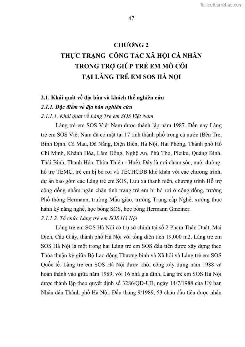 Luận văn thạc sĩ công tác xã hội Công tác xã hội cá nhân trong trợ giúp trẻ em mồ côi tại Làng trẻ em SOS Hà Nội - 5 Trang 57