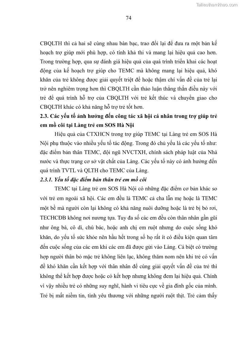 Luận văn thạc sĩ công tác xã hội Công tác xã hội cá nhân trong trợ giúp trẻ em mồ côi tại Làng trẻ em SOS Hà Nội - 7 Trang 84